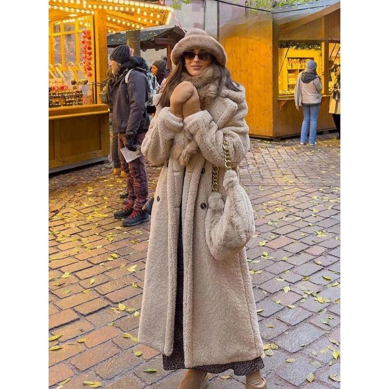 Vintage Teddy Dlouhý kabát Dámské Podzim Zima Klopa Elegantní Dlouhý rukáv Dvouřadá Velká bunda Dámská Kabát Street Blend