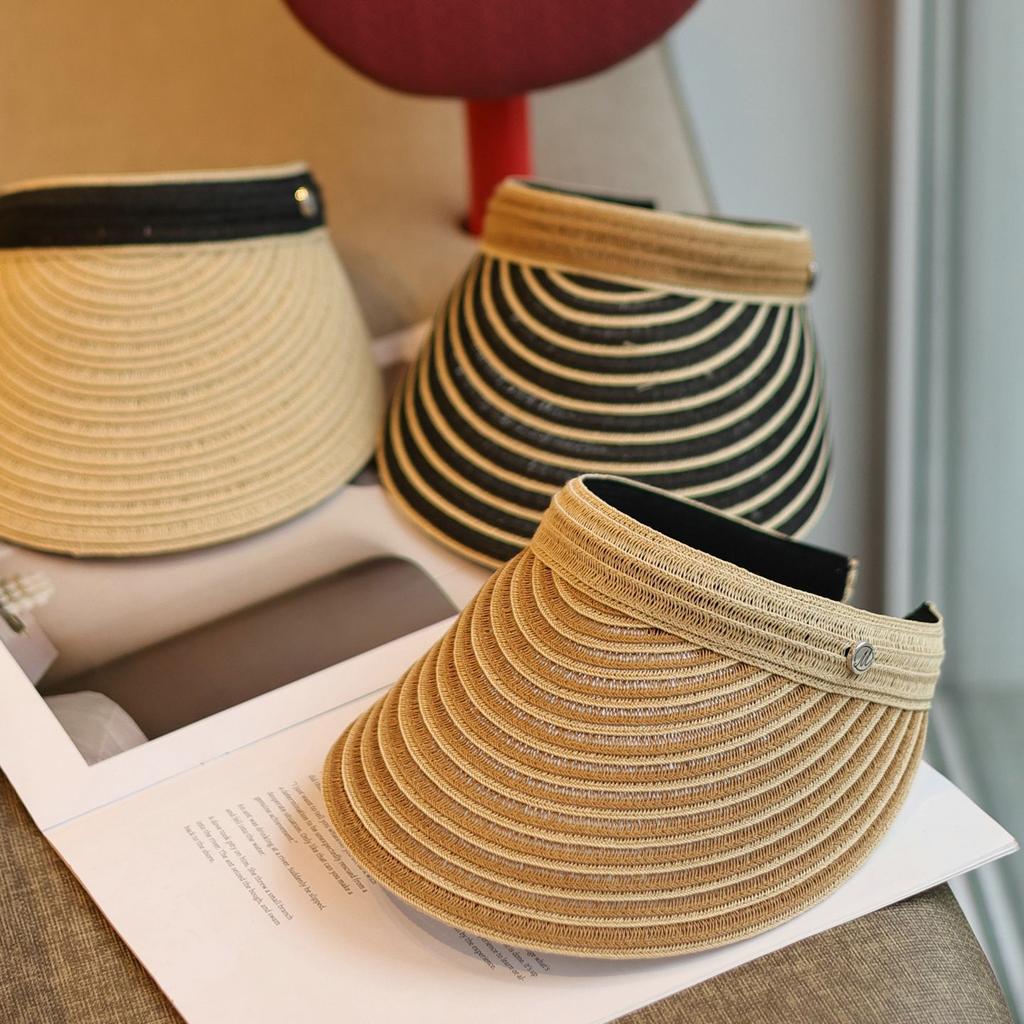 Breathable Straw Woven Light and Thin~ Fashion Contrasting Color Striped Empty Top Hat Casual Versatile Spring and Summer Sunshade Headband Hat