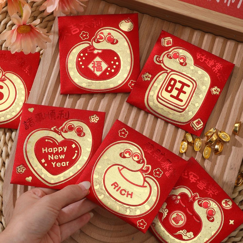 6pcs Solid Chinese New Year Red Envelope Hot Stamping Red Packet Cartoon Lucky Money Bag Kids
