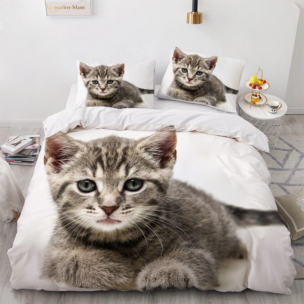 3D Cat King Queen Duvet Cover Lovely Grey White Kitty Bedding Set For Kids Teens Adults Scottish Fold Soft 2/3pcs Quilt Cover