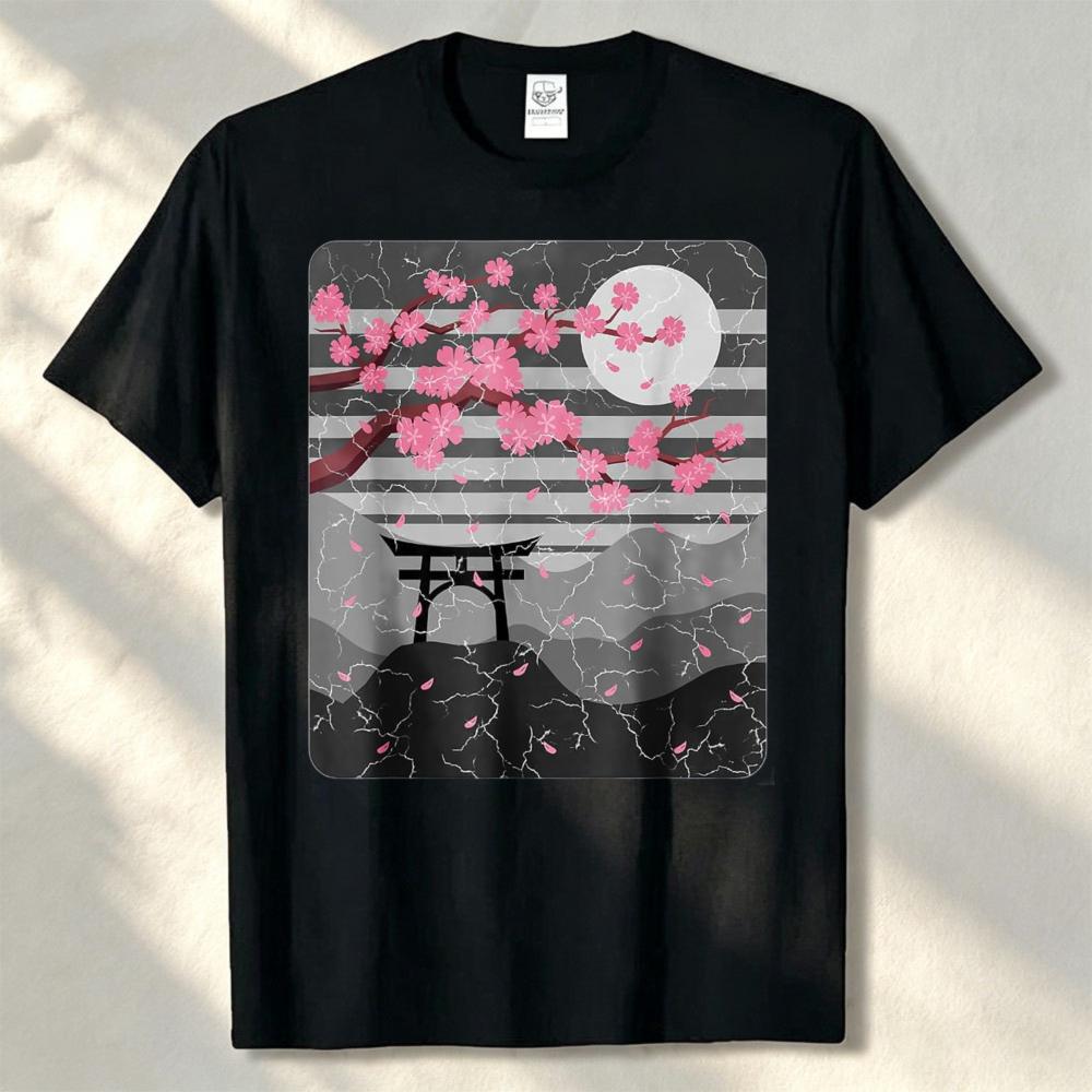 Japanese Sakura Torii Gate Full Moon Retro Texture Graphic T Shirt Unisex Cotton Tee Asian Aesthetic Casual Fashion Wear Tops