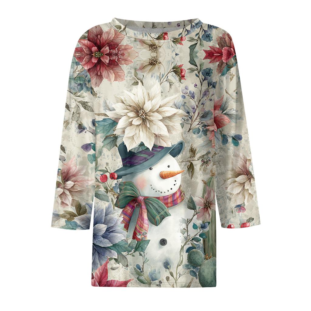3/4-ermet damebluser blomstermønstret vintage mote avslappet løs med rund hals pluss størrelse skjorter