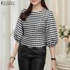 ZANZEA Women Retro Plaid Print Casual 3/4 Sleeve Blouse