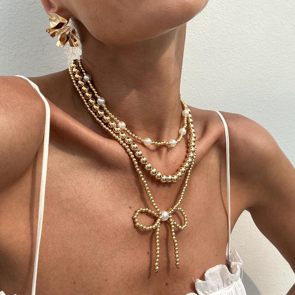 Bohemian Bow Pendant Necklace Vintage Faux Pearl Beaded Collarbone Chain