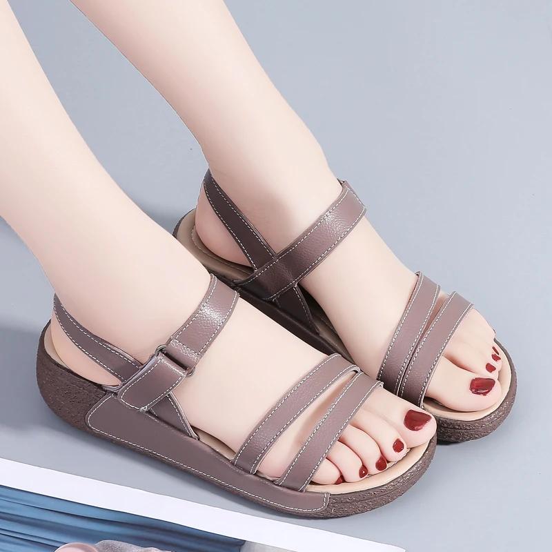 Summer Thick Bottom Genuine Leather Sandalias Ladies Soft Non-Slip Wedges Shoes Fashion Lightweight Wedge Heels Sandals Women