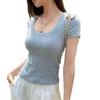 Front Shoulder Short-sleeved T-shirt Women's Summer New Orange U-neck T-shirt Slim-fit Half-sleeved Versatile Short Slim Top