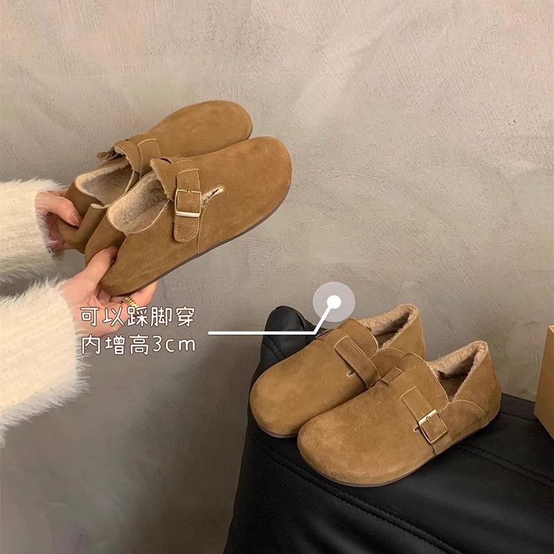 Birkenstock Shoes Women's 2025 New Winter Velvet All-inclusive Leather Spring and Autumn Single Shoes Flat-bottomed One-pedal Doudou Shoes Cotton Sho