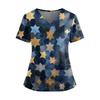 Ladies' Fashionable Floral Print V-neck Double Pocket Short Sleeved Shirt With Slit Hem And Protective Worker's Top