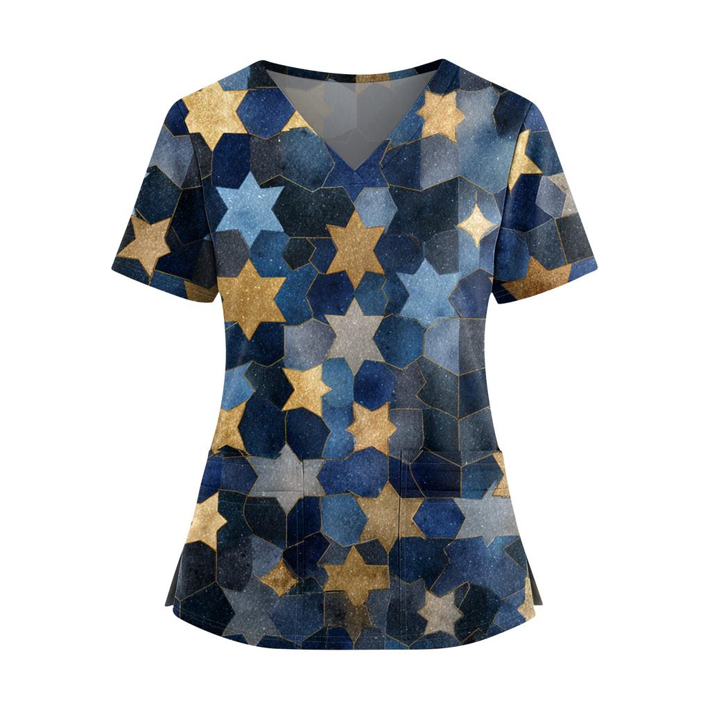 Ladies' Fashionable Floral Print V-neck Double Pocket Short Sleeved Shirt With Slit Hem And Protective Worker's Top