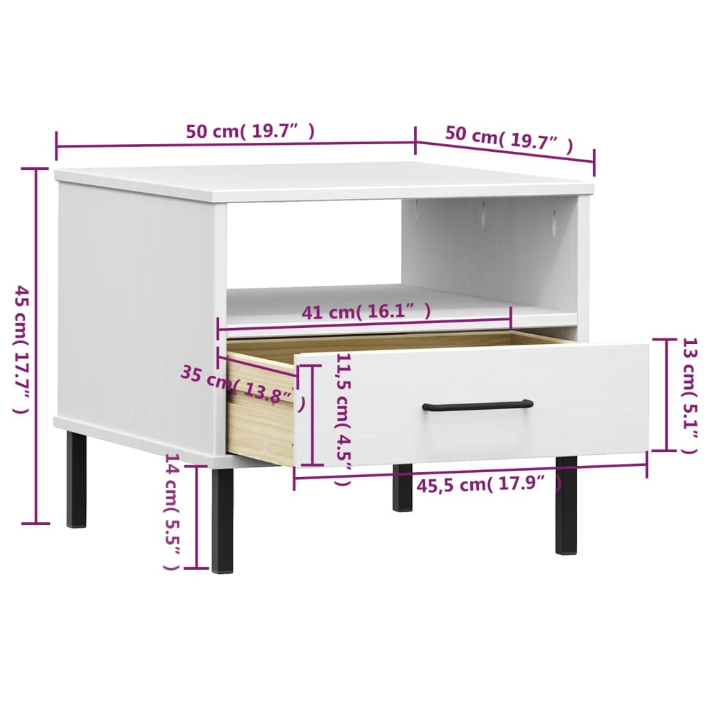 OSLO Nightstand with Metal Legs White Solid Pine Wood
