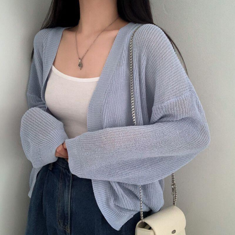 Solid color lazy loose thin sweater, all-match summer sunscreen ice silk knitted cardigan women 67288