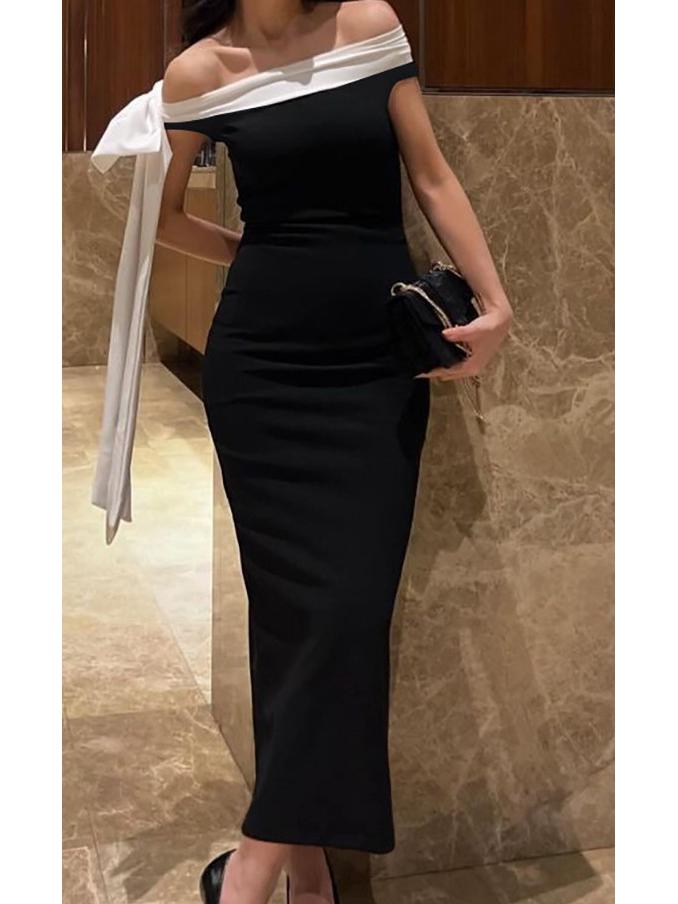 European-American Elegant One-Shoulder Ribbon Sleeveless Slim Fit Dress for Spring & Summer