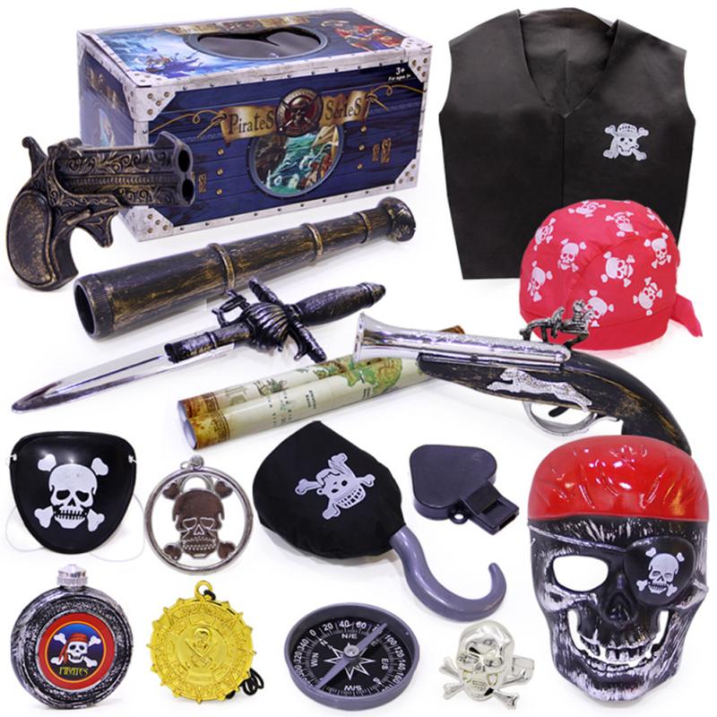 Halloween Piratenkostüm Spielset für Kinder Lustige Grimasse Totenkopf Augenmaske Piratenschatzkiste Spielzeug für