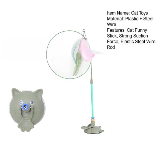 Cat Tease Toy with Suction Cup Interactive Cat Toy Press Lock Sticks on Floors Cat Wand Toy Flexible Steel Wire Cat Feather Toy