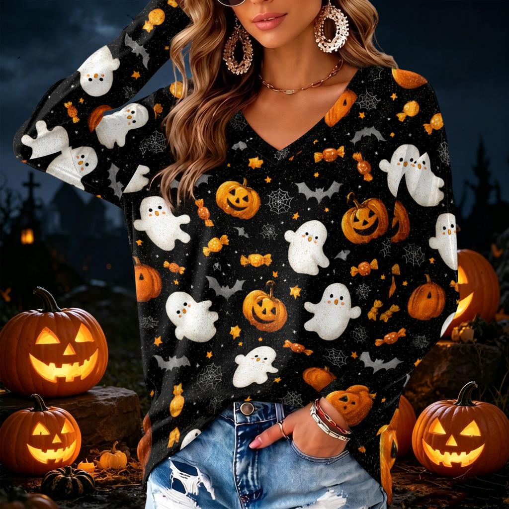 Women's V-Neck Long Sleeve Halloween Print Lightweight Blouse for Fall Parties and Everyday Wear
