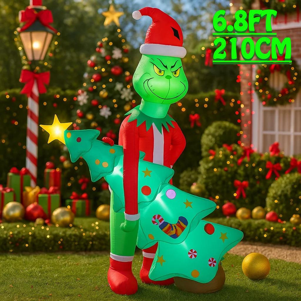 6.8FT/2.1M Inflatable Grumpy Green Christmas Character Holding Lighted Tree Outdoor Decor