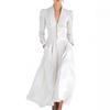 Elegant V-Neck Puff Sleeve Long Formal Dress Women Solid Color Satin Party Gown