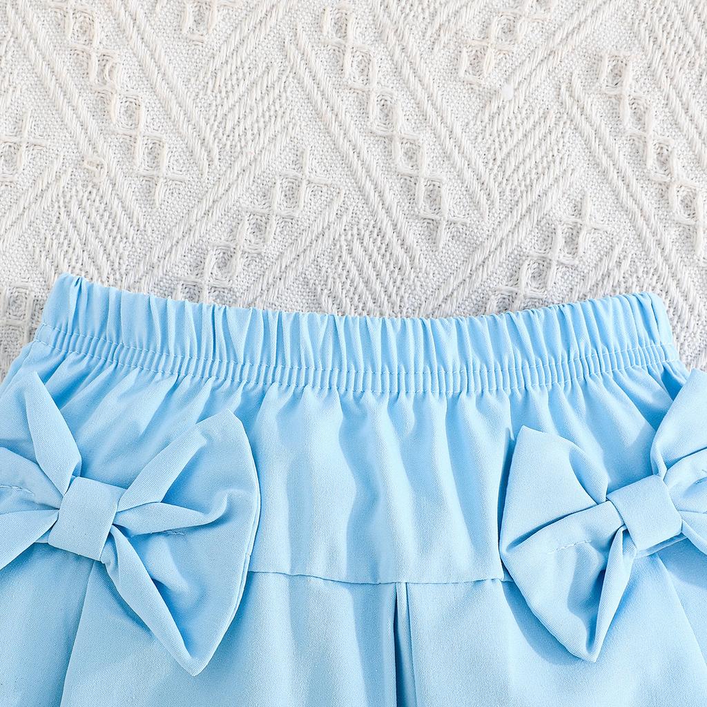 Sweet Sky Blue Girls Mesh Sleeve Top Bowknot Half Skirt Set