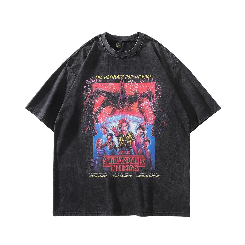 American High Street Retro Washed Old Direct Injection Printing Small Neckline Short Sleeve T-Shirt Oversize Half Sleeve Tee