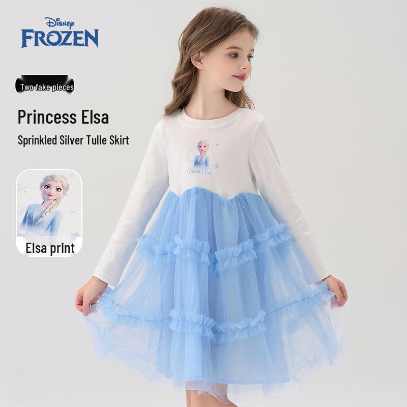 Disney Girls  Elsa Princess Glitter Dress, Silver Puff Skirt & Long Sleeves 120 cm