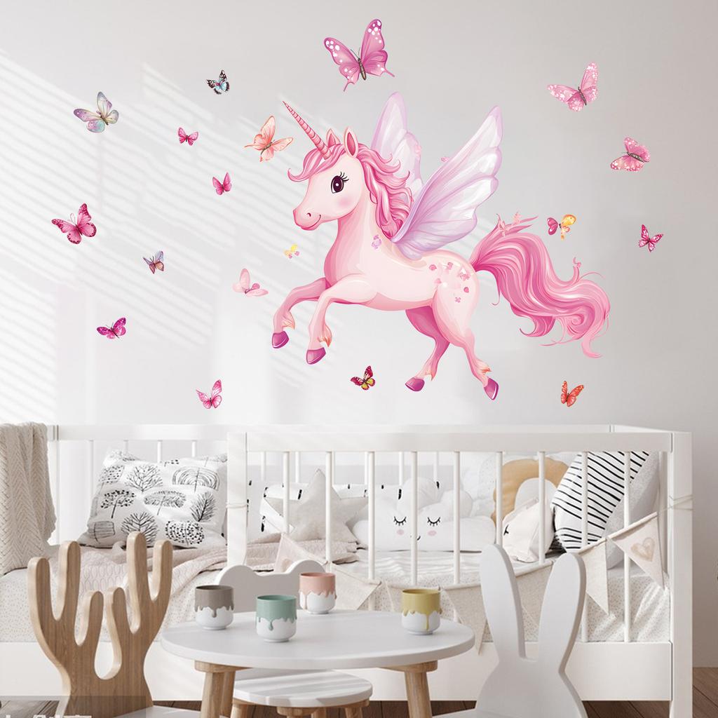 Creative Pink Butterfly Unicorn Wall Stickers, Fantasy Background Decals for Kids Room Bedroom, Removable