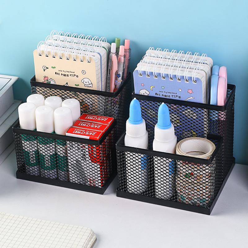 Office Metal Storage Grid Pen Holder: Multifunctional Student Desk Organizer, Wrought Iron Two-Compartment Design