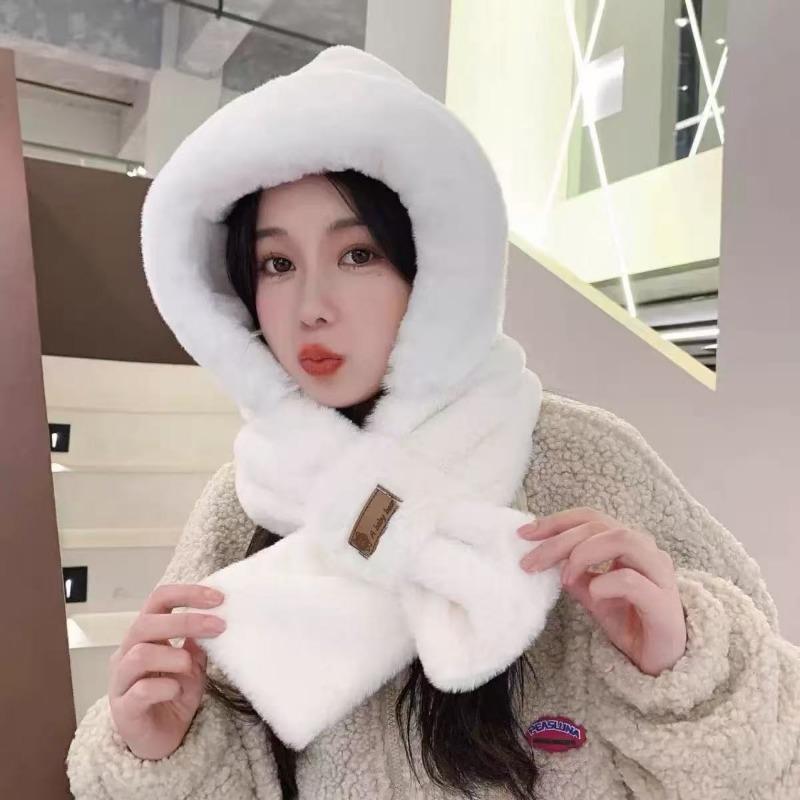 Plush hat scarf integrated women's autumn and winter cute warm ear protection scarf versatile fox ear hat