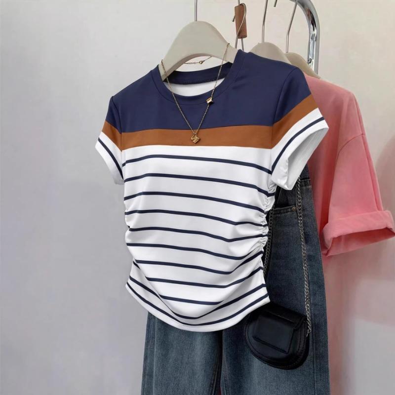 Womens Color Block Striped Short Sleeve Ruched Slim Fit Tee S темно-синий