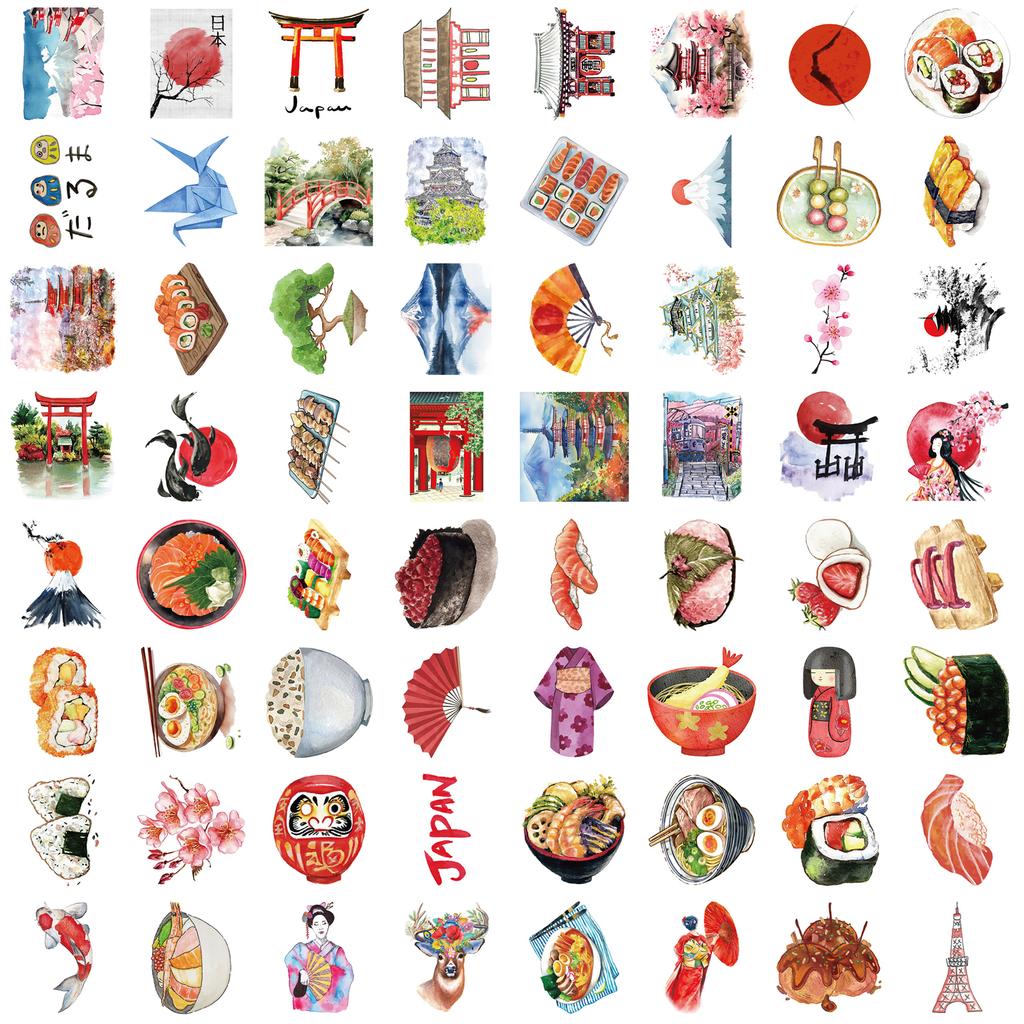 64Pcs Japanese Culture Food Aesthetic Stickers Retro Cartoon Waterproof For Laptop Luggage Guitar Skateboard Vinyl Decals Toy