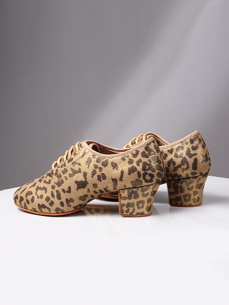 Jazz Dance Shoes for Women Girls Golden Leopard Print Latin Indoor Dance Shoes for Women Soft Soles Lace-Up High Heels