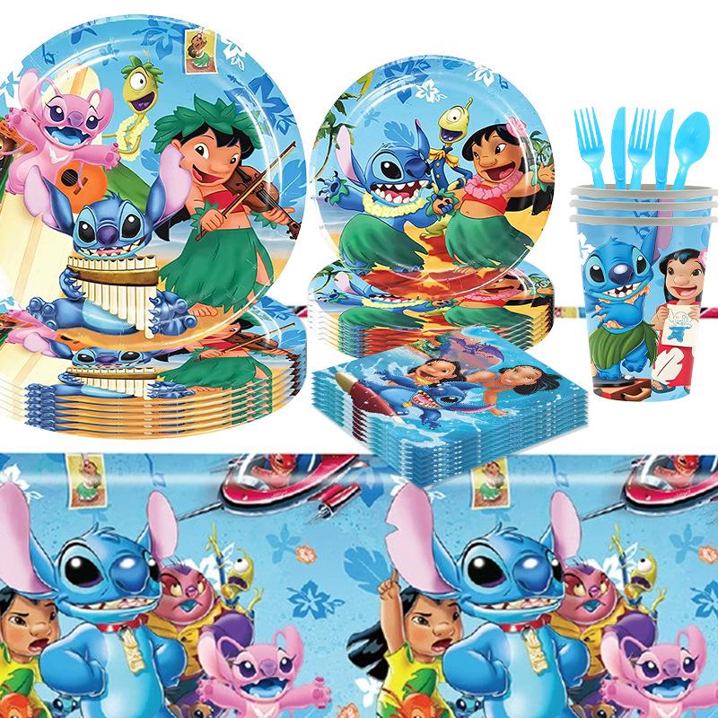 Star Baby Stitch Themed Tableware Set Flag Balloon Disposable Paper Plate Tissue Tablecloth Party