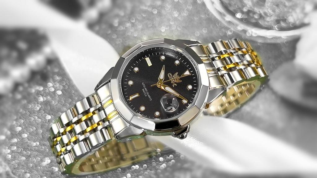 OPK Quartz and Date Luminous Stainless Steel Black and Gold Women's Watch, Fashionable, Popular, Casual, Gorgeous, Lightweight, Easy-to-Read, Display,