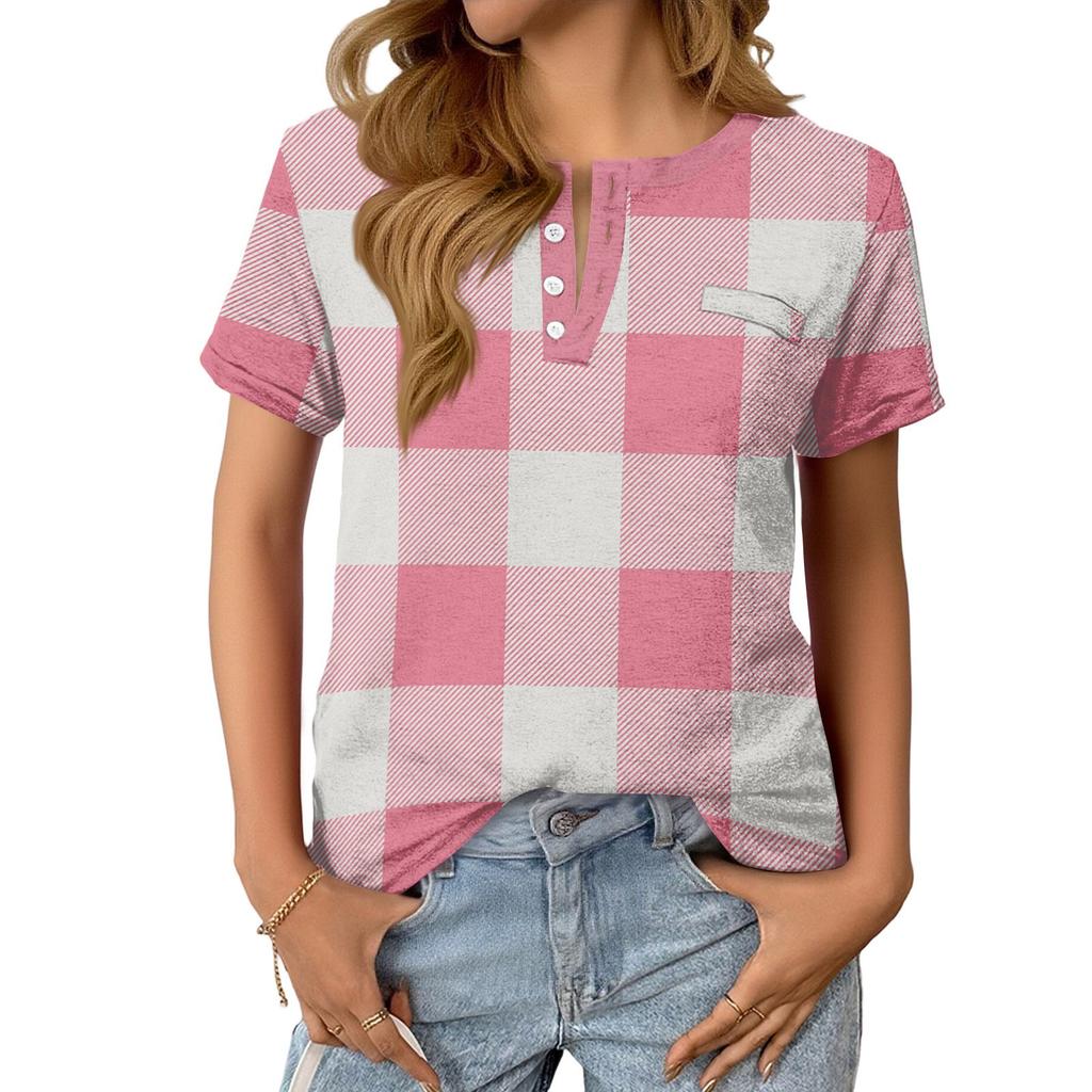 Women's Fashionable Casual Summer Plaid Print V-neck Button Short-sleeved Top