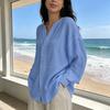 Women Tops V Neck Long Sleeve Pure Color Mid-length Pullover Tops with Asymmetrical Slit Curved Hem Loose Fit Versatile Casual Shirt