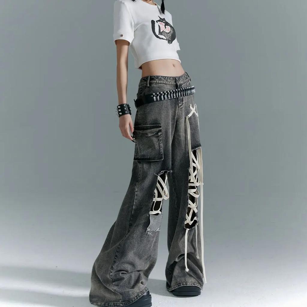 Women Ribbon Ripped Hole Baggy Jeans Black Vintage Oversize Cargo Strap Design Pocket High Waist Y2k Fit Slimming Wide Leg Pant