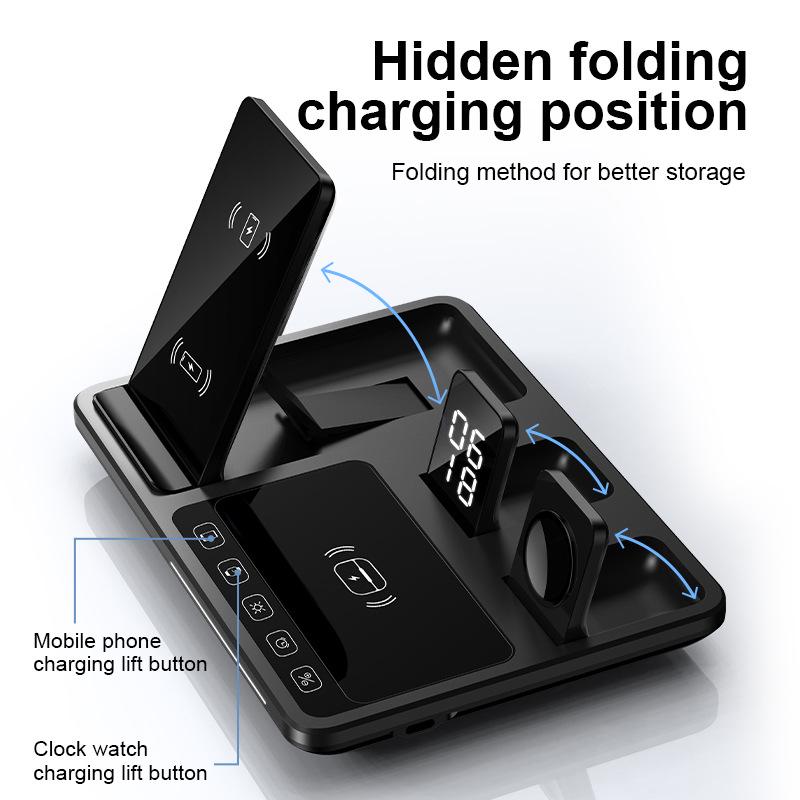 Wireless 4-in-1 Fast Charging Station: Auto Lifting, Folding Design for Phones, Watches, Earbuds, Desk Clock, and Lamp