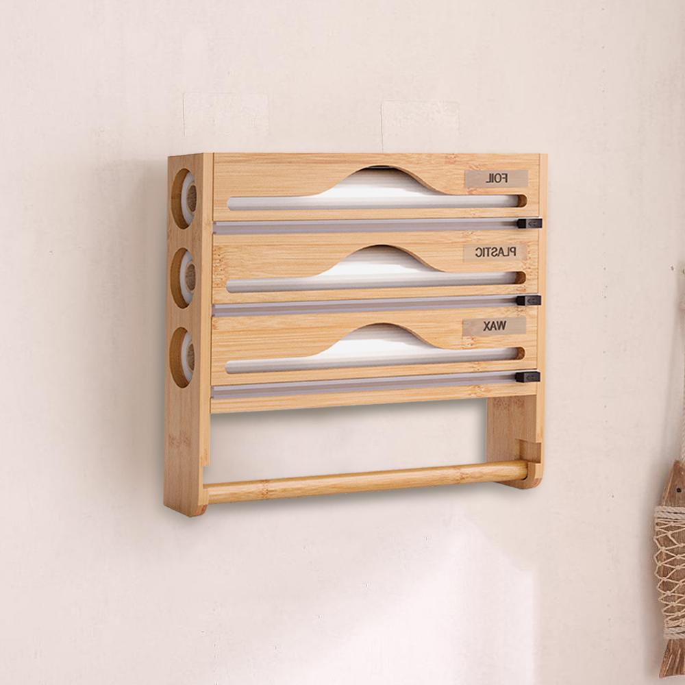 Bamboo Cling Film Tin Foil Compartment Cutter Box Kitchen Organizer Accessories Integrated Kitchen Paper Towel Holder