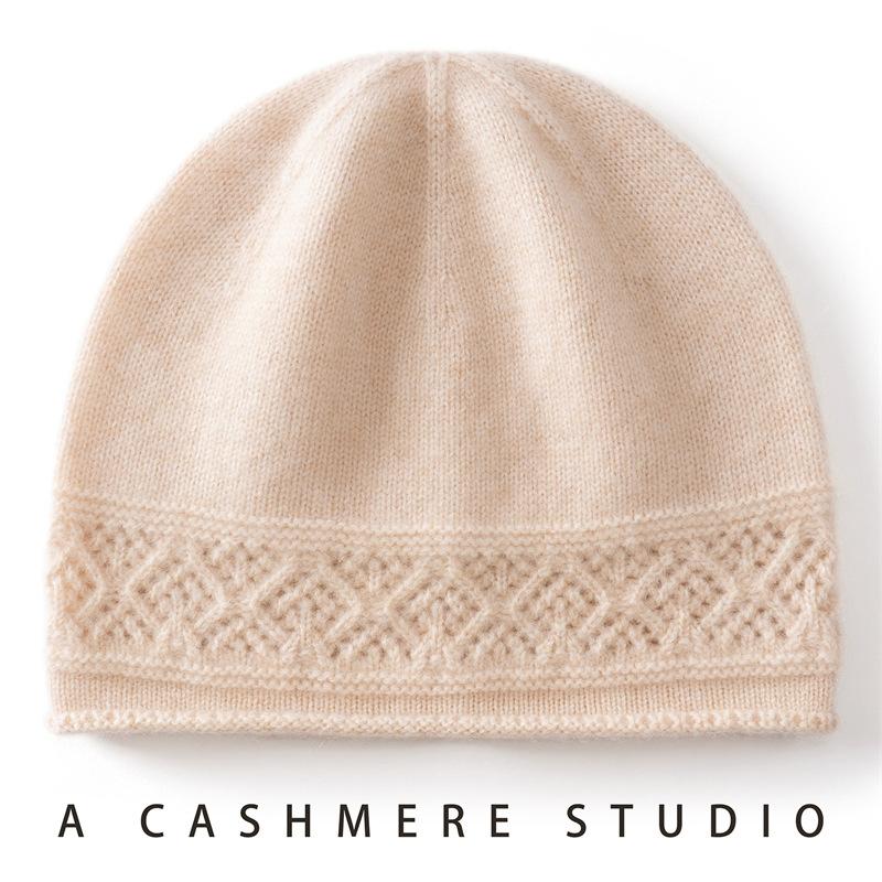 New Cashmere Blended Rolled Edge Hollow Warm Knitted Dome Cashmere Cap