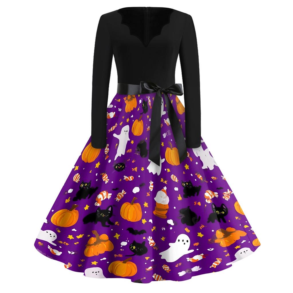 Women's Casual Vintage V Neck Dress Long Sleeve Halloween Print Swing Dress with Waist Tie Retro Style Midi Dress