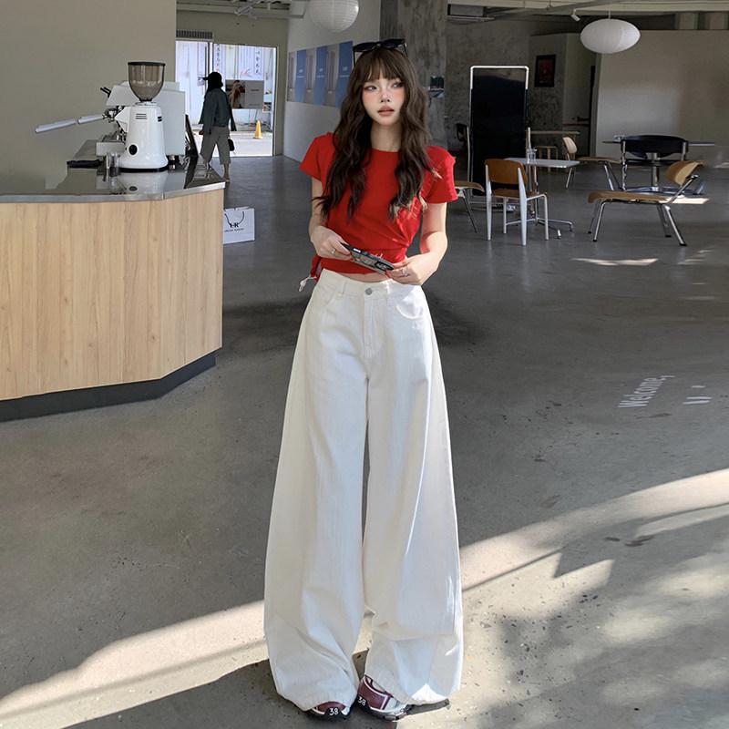 

Women s White High-Waisted Wide-Leg Jeans - 2026 Spring/Autumn Collection, Loose Drape, Floor-Length, Plus Velvet. Extra Small