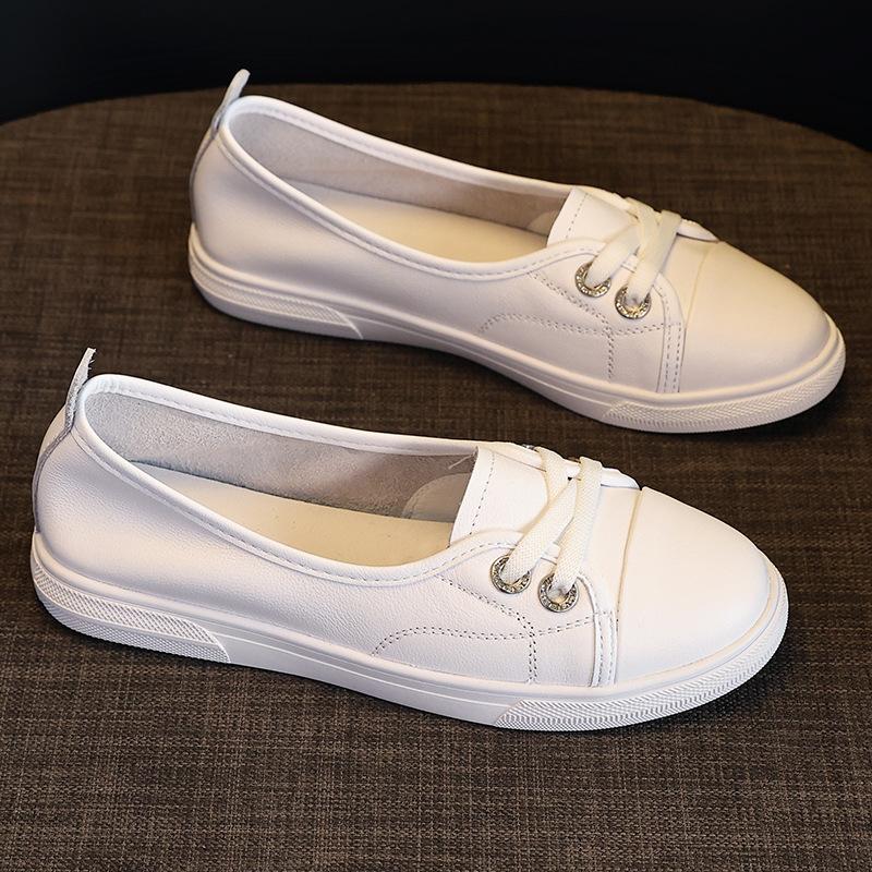 

Первый слой коровьей кожи, неглубокий вырез, весенне-летние белые туфли, женский иностранный стиль, новые повседневные универсальные женские туфли, плоская подошва 40 белый