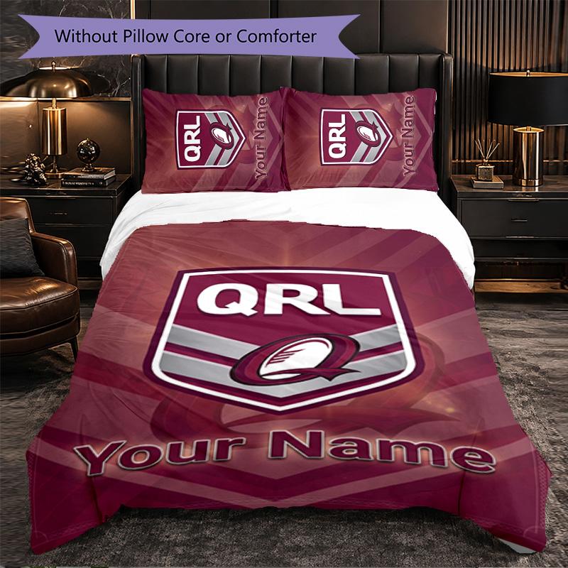 Queensland Maroons Customized Name Text Bedding Set, 1 Duvet Cover & 2 Pillowcases Personalized Bedroom Gift