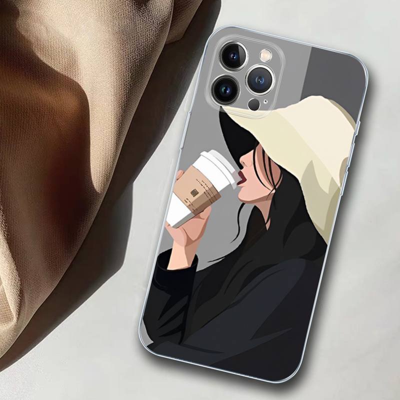 Kaffee und Mädchen Handyhülle Silikon Weich für iPhone 14 13 12 11 Pro Mini XS MAX 8 7 6 Plus X XS XR Hülle