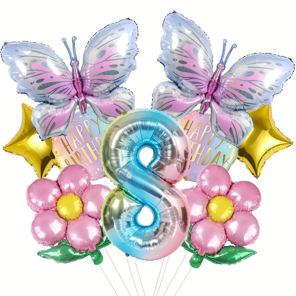 Butterfly Theme Daisy Stars Gradual Change Color Digital Aluminum Film Balloon Set Birthday Party Decoration Props