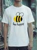 Bee Happy Cute Cartoon Bumblebee Pun Quote Graphic Print Unisexs Crew Neck Short Sleeve Casual Summer Daily Wear Basic Tee Shirt