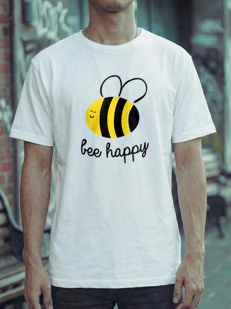 Bee Happy Cute Cartoon Bumblebee Pun Quote Graphic Print Unisexs Crew Neck Short Sleeve Casual Summer Daily Wear Basic Tee Shirt