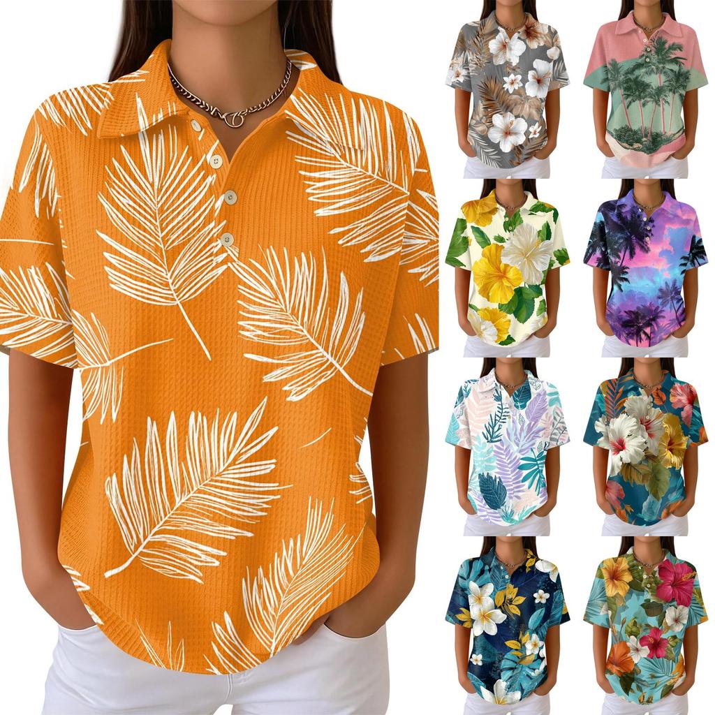 Women Casual Short Sleeve Hawaiian Print Waffle Knit Polo Shirt Lightweight Breathable Summer Top Relaxed Fit