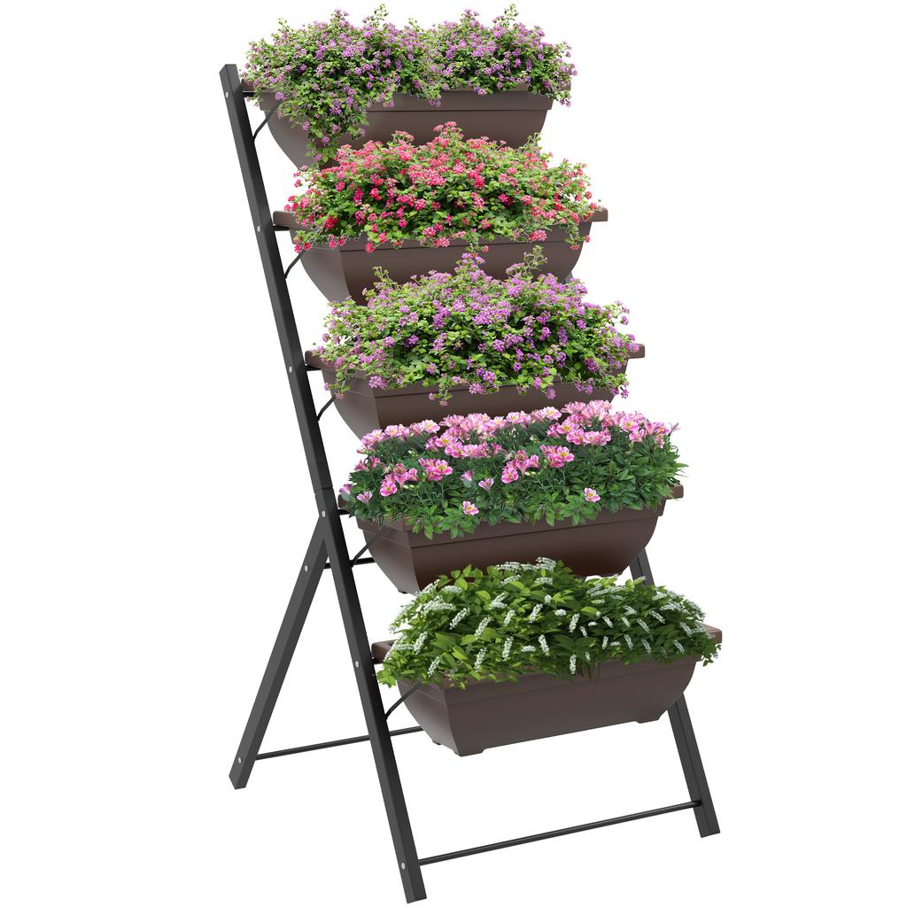Raised garden bed with tiers, vertical planter, 5 flower boxes, drainage holes, brown steel
