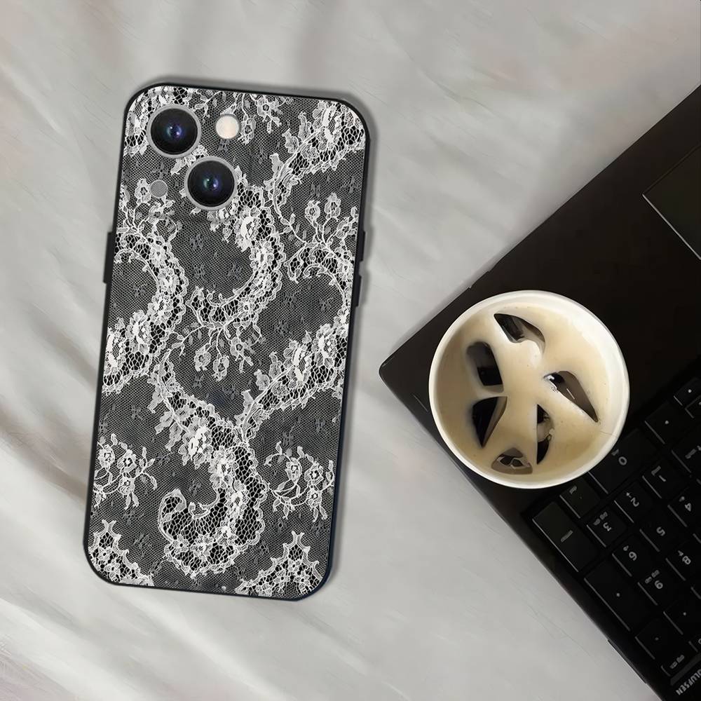 Vintage Lace Phone Case For iPhone 17,16,15,14,13,12,11,Pro,XS,Max,XR,Plus,E,SE4,Mini Black Soft Cover