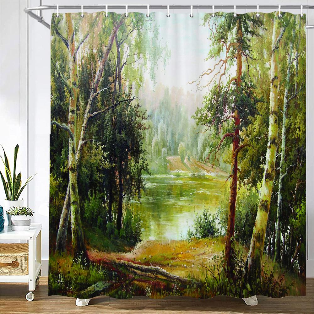 Natural landscape Shower Curtain Decor Waterproof Fabric Bathroom Curtains Painting Forest Seaside Scenery Bath Screen with Hook